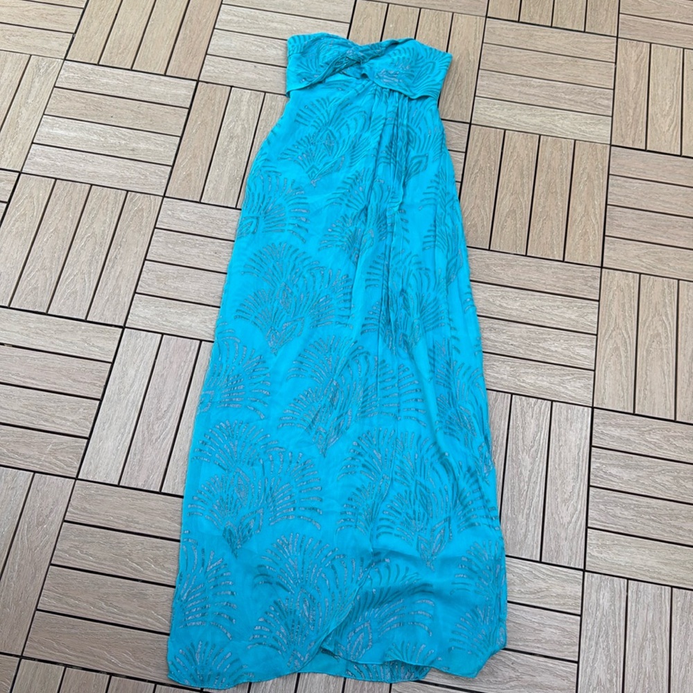 Nicole miller strapless silk maxi turquoise blue dress - Picture 5 of 9